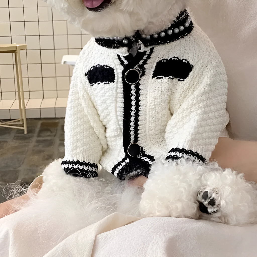 Korean style pearl collar dog sweater in black and white colours for small dogs