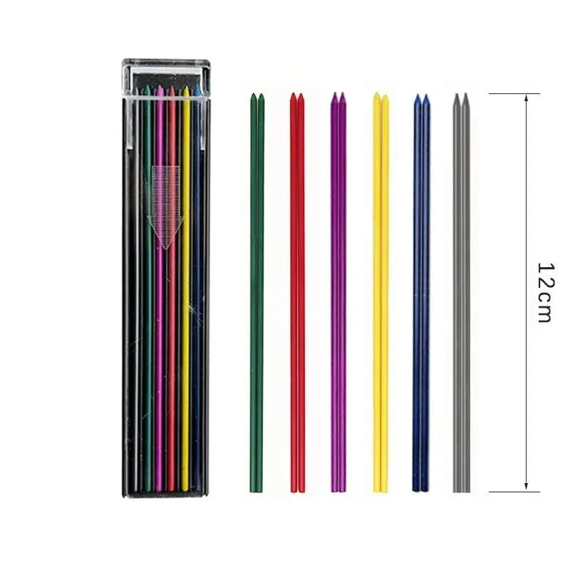 Boxed set of 12 rainbow coloured mechanical pencil replacement leads for drawing and writing