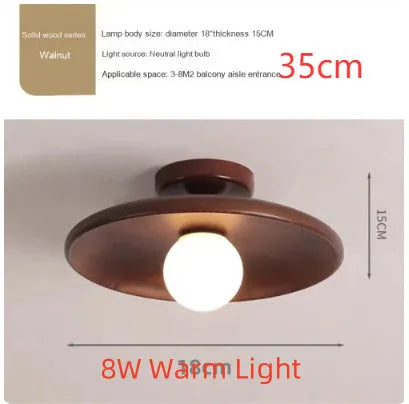 Japanese-style solid wood ceiling lamp in walnut finish with circular shade, 28cm diameter, mounted on ceiling