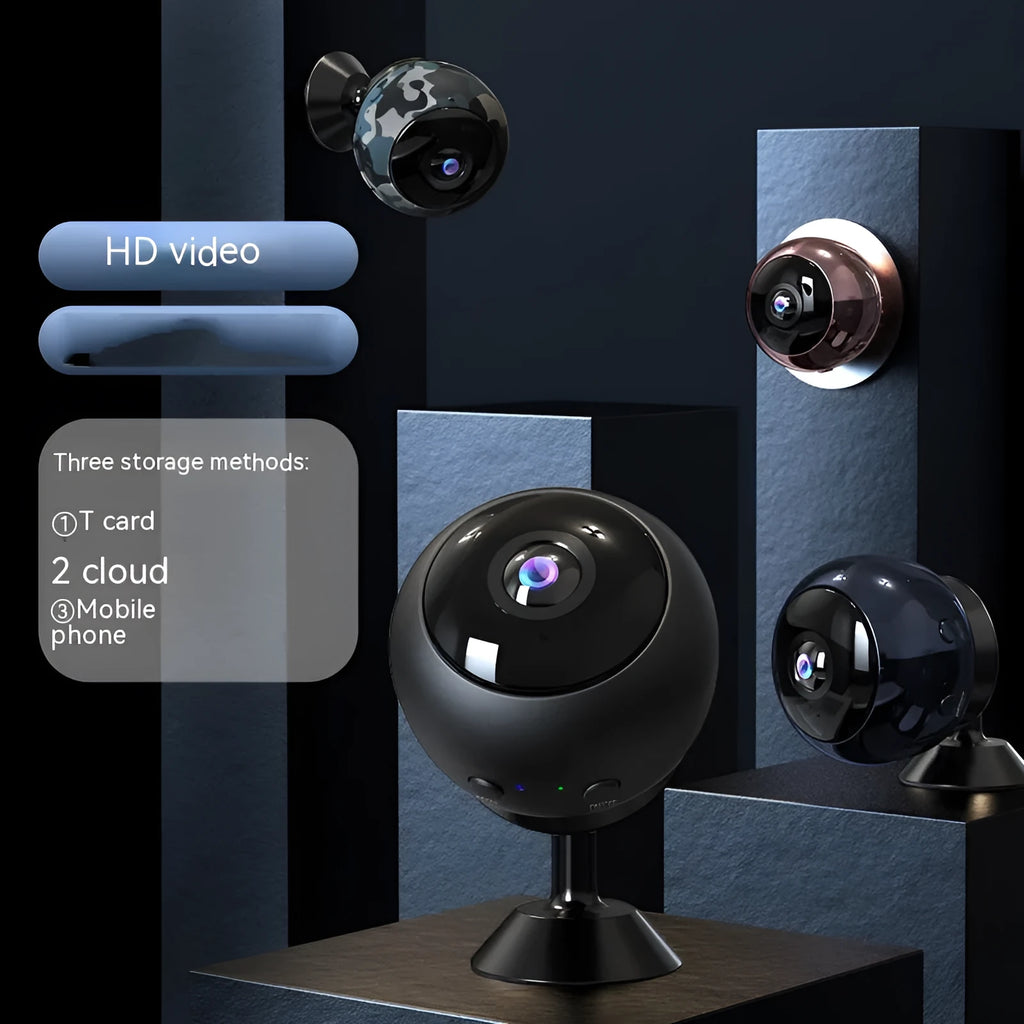 White or black 1080p wireless WIFI security camera with fixed lens on a desk.
