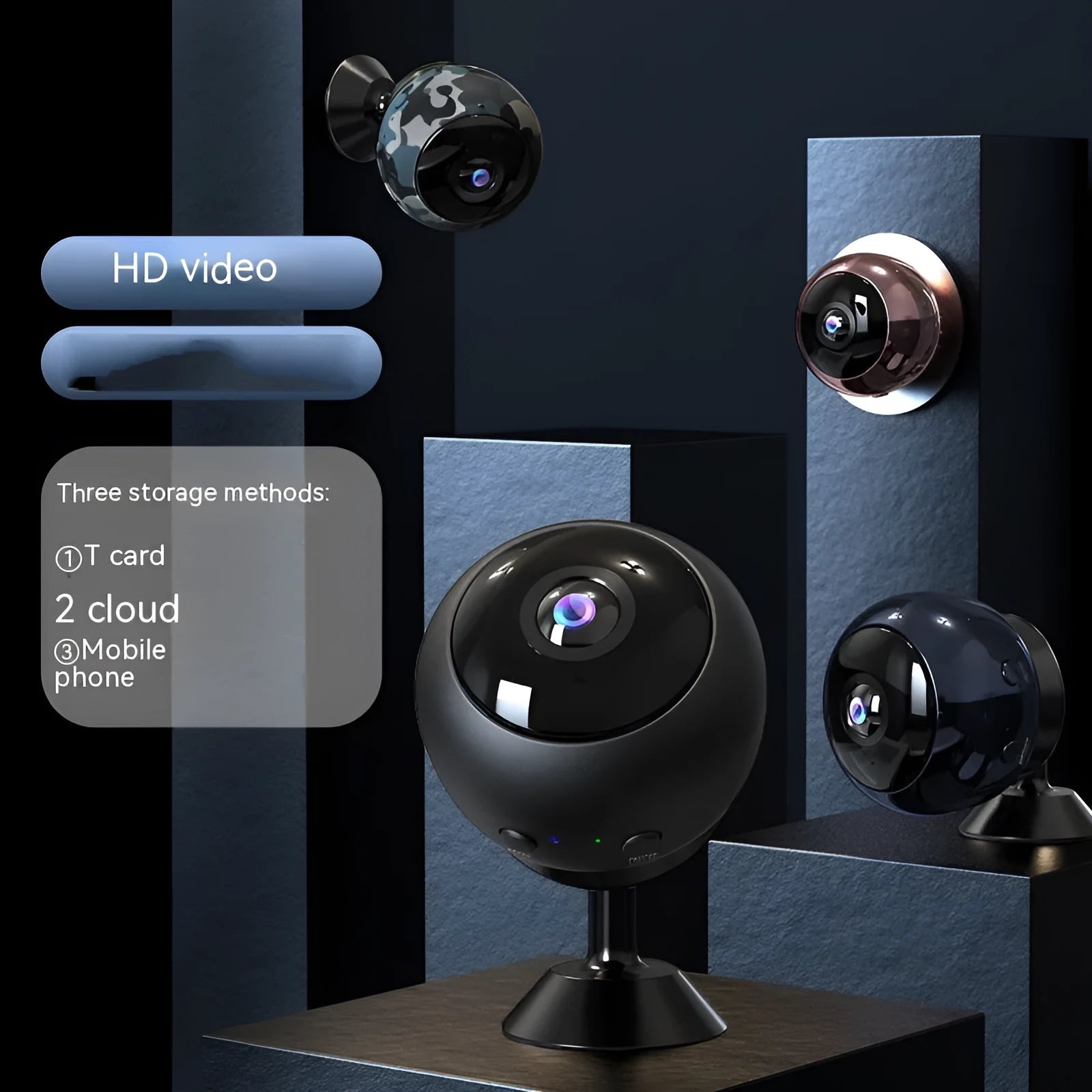 White or black 1080p wireless WIFI security camera with fixed lens on a desk.