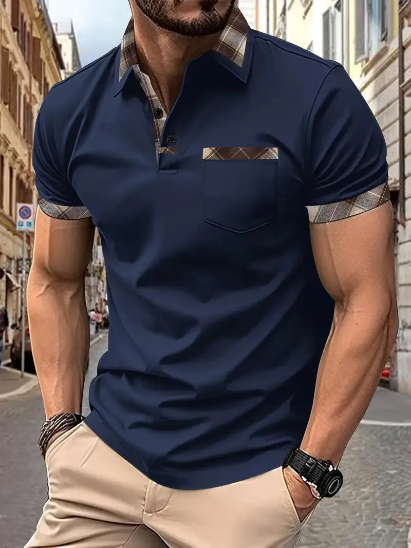 Men's plaid colourblock T-shirt with short sleeves and zipper decorations on front