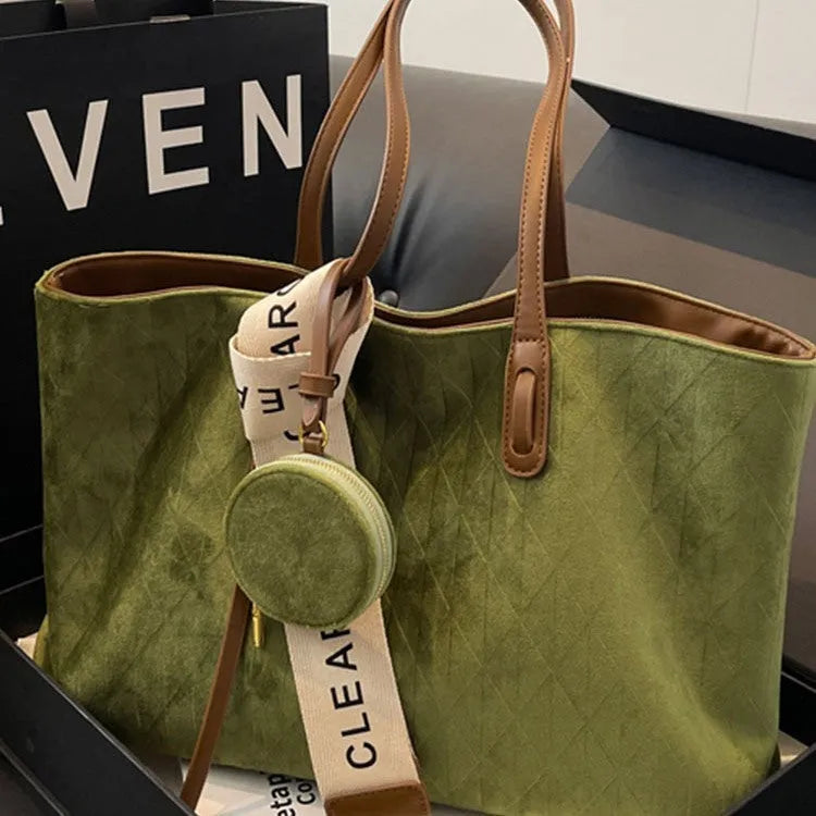 Large soft polyester shoulder tote bag in horizontal square shape with zippered interior pocket