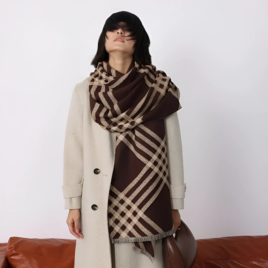 Mid-length cashmere-like scarf with tassels in brown colour showing 185cm length