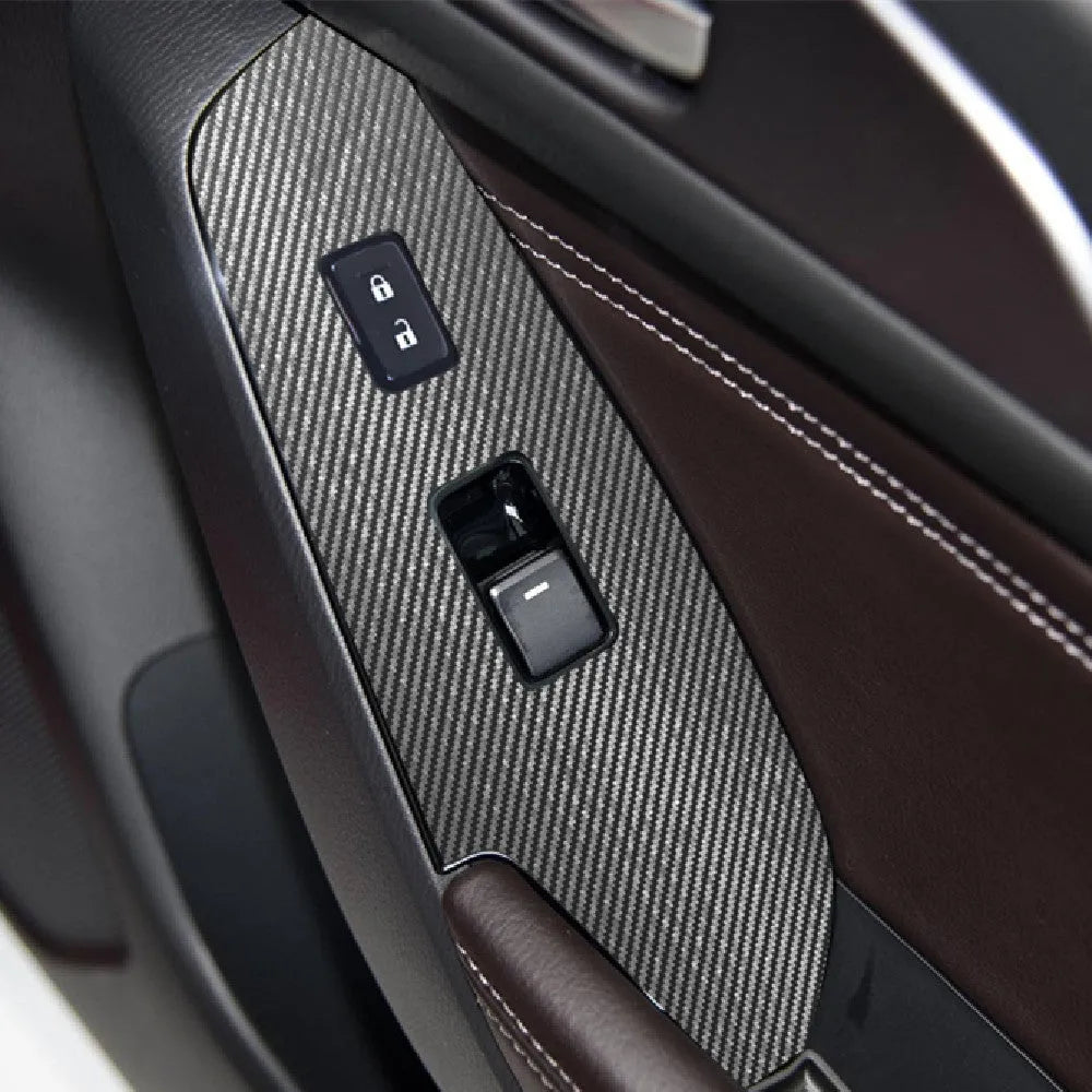 Set of four TPU transparent protective films for car door control panels on a 2014-2019 vehicle.