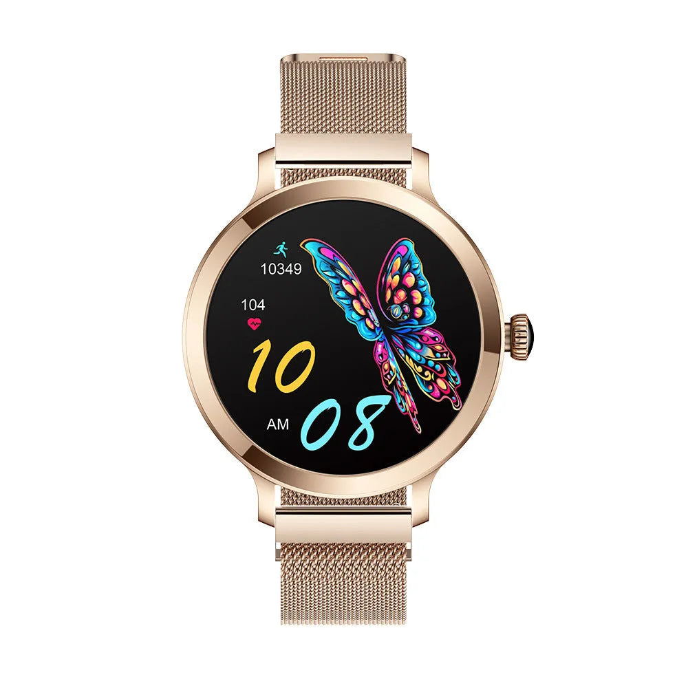 Women's AMOLED smartwatch with Bluetooth calling, gold steel case, 1.106 inch screen