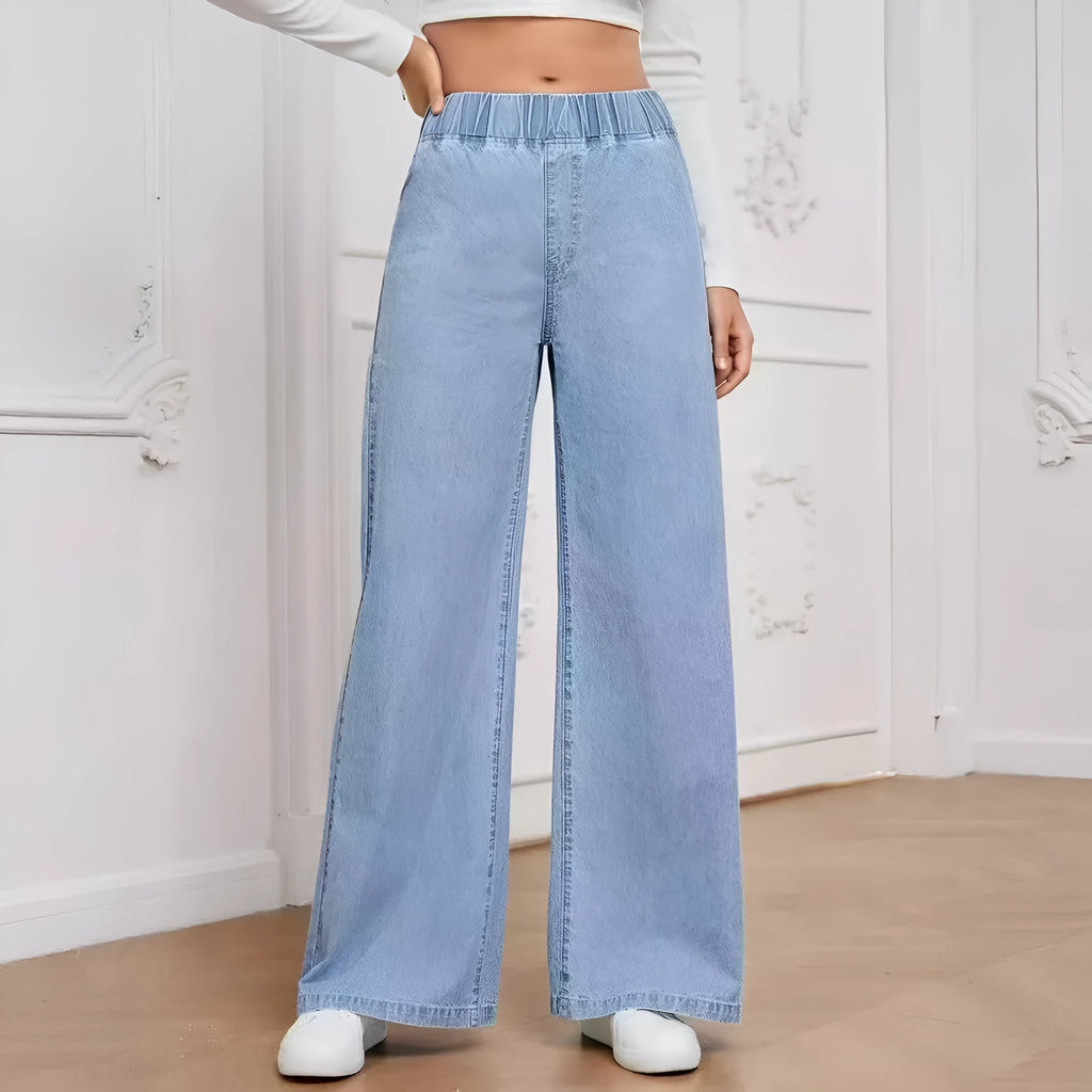 Light blue washed wide-leg jeans with straight leg cut and zip fly