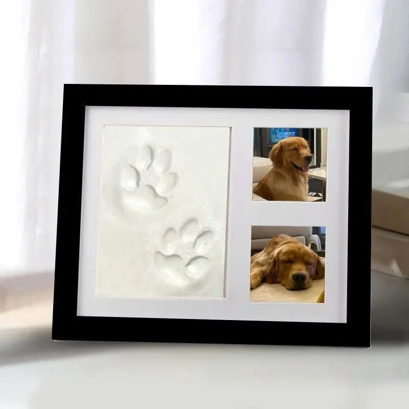 Black and white pet paw print photo frame with plaster moulding kit for DIY commemorative keepsakes