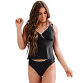 Black sleeveless one-piece women's swimsuit on a hanger
