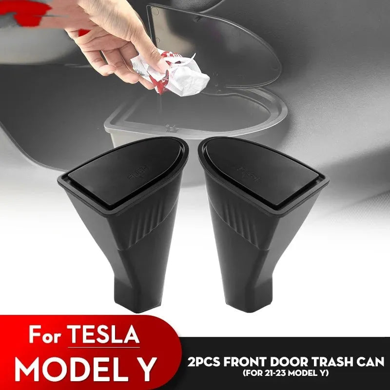 Black ABS plastic car door storage containers for Tesla Model Y front doors, 2-pack