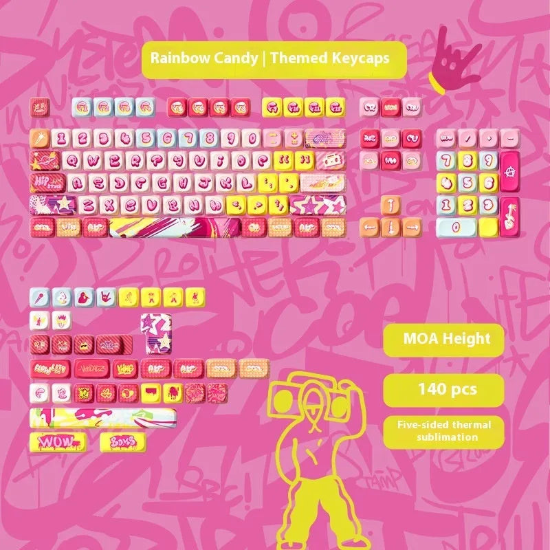 Full set of colourful cartoon pig themed PBT keycaps for mechanical keyboards on a white background.