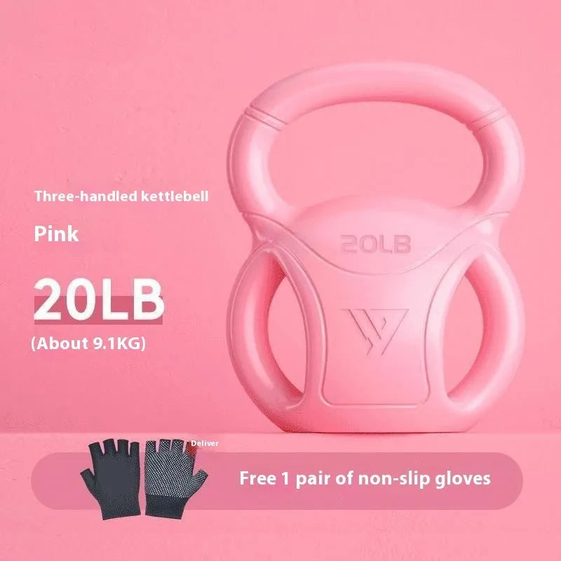 Colourful kettlebells in pink, lavender, and dark green with different weight options for home fitness