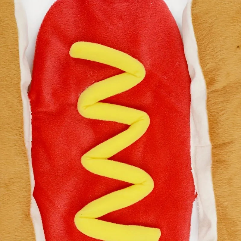 Red and brown hot dog costume on a Dachshund dog, showing the stuffed design and long body fit.