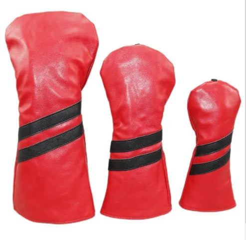 A striped PU leather golf club head cover for wood clubs, shown in blue, with size and colour options.