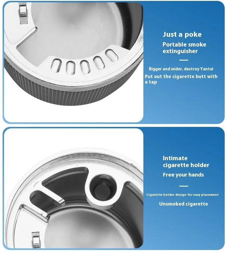 Metal ABS car ashtray with cover and blue LED light against a dark background