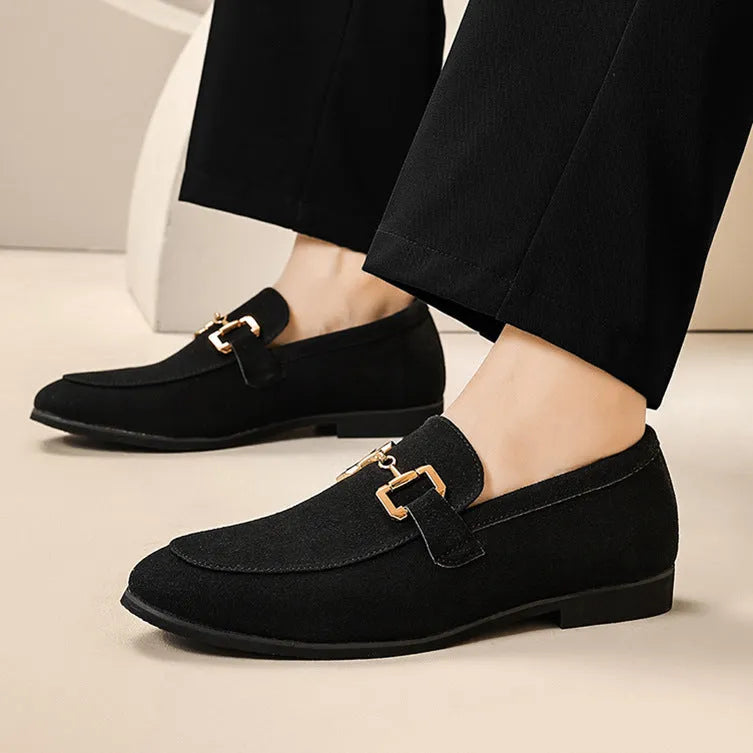 Men's plus size casual leather shoes with metal buckle, black colour, rubber outsole, side view