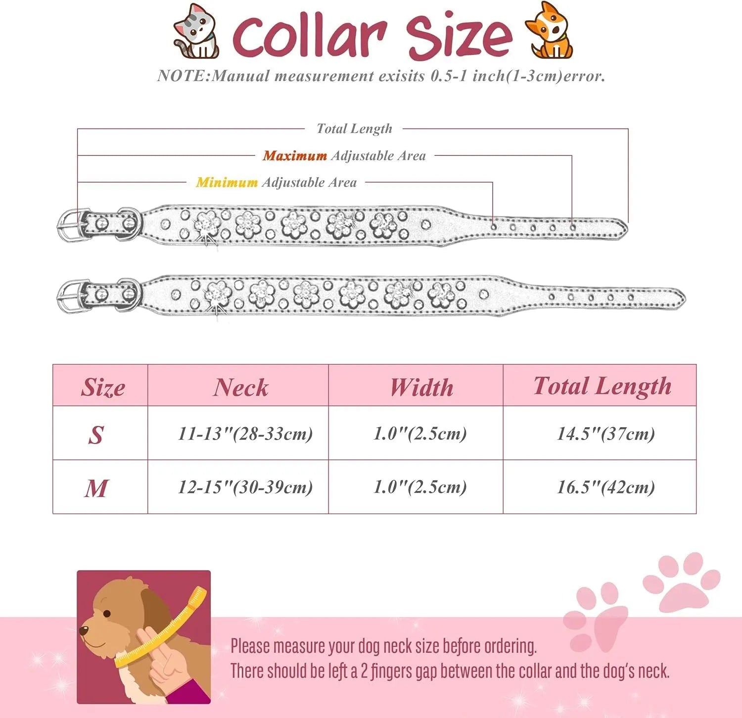 Decorative dog collar made of black PU leather with a pattern of rhinestone flowers and studs, showing the metal D-ring.