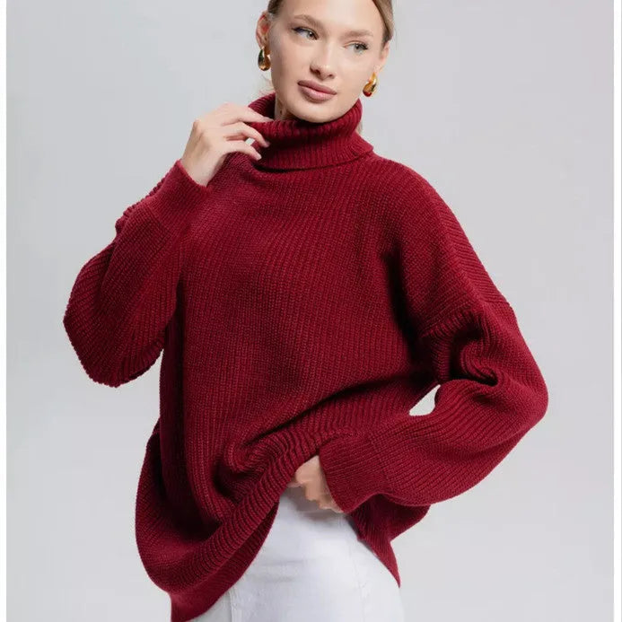 Women's solid colour high neck pullover sweater in imitation cashmere fabric showing 3D pattern design