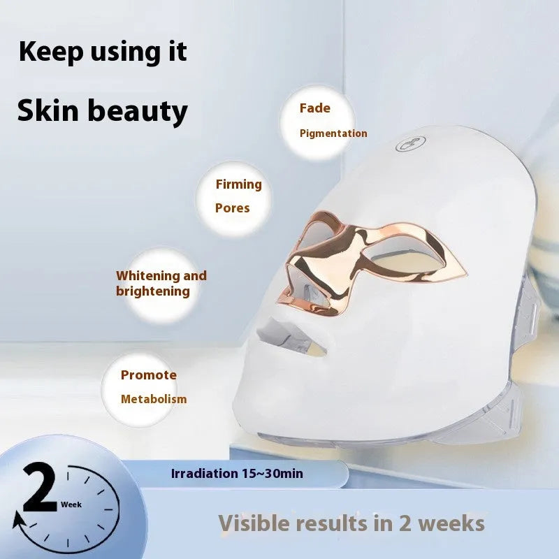Rechargeable LED light therapy beauty mask with touch controls on a white background