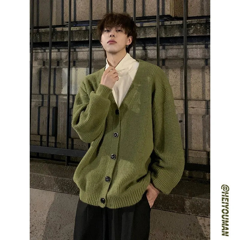 Men's loose fit V-neck cardigan sweater in Army Green solid colour, casual long sleeve design.