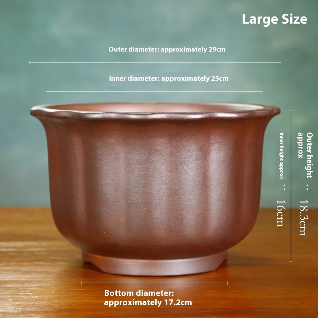 Purple sand ceramic flowerpot with antique carved wood burning design for bonsai plants