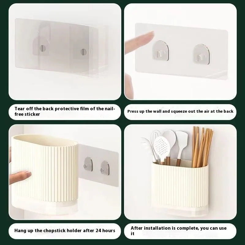 Beige plastic wall-mounted chopstick and spoon holder with cross-drainage tubes