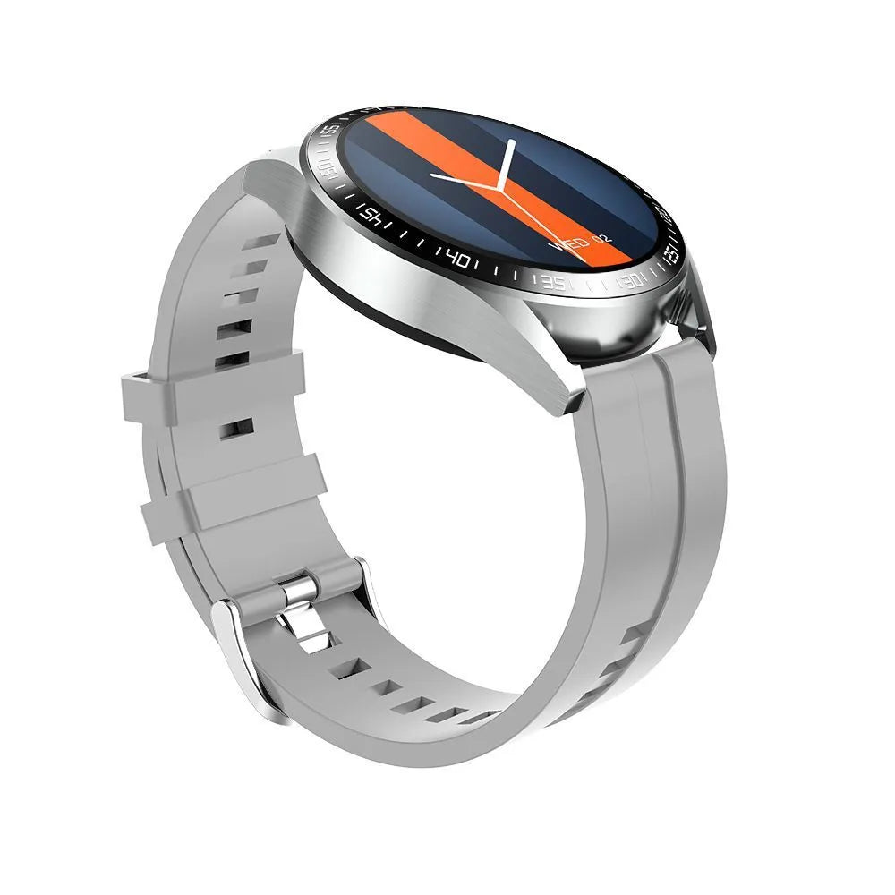 Black smart watch with 1.35 inch screen on a silicone strap, showing health metrics and call interface