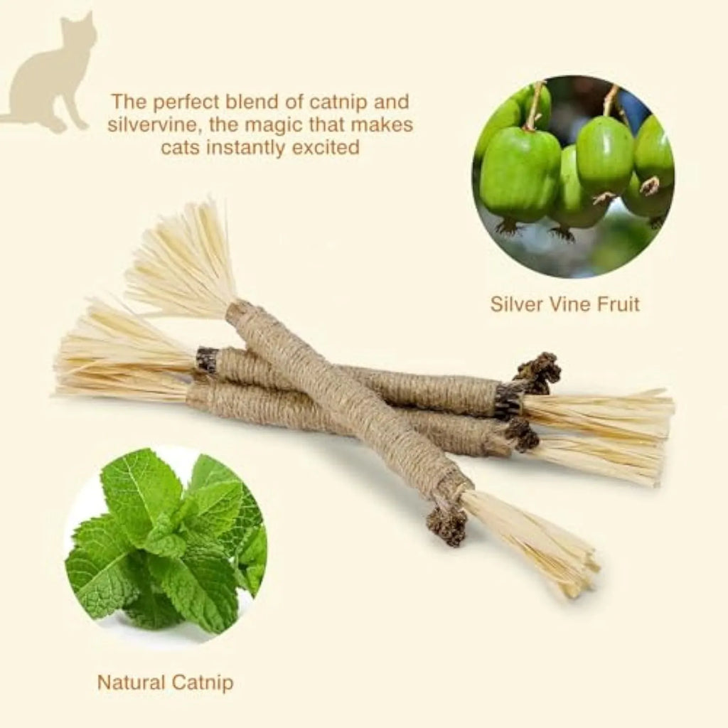 3 natural silvervine chew sticks for cats with sisal rope, thick and fine diameter options
