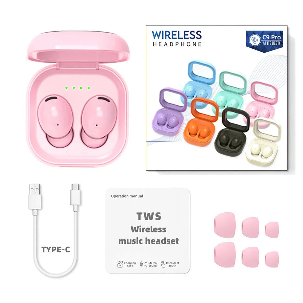 C9 Pro Bluetooth headset with translucent charging bin in a colour option