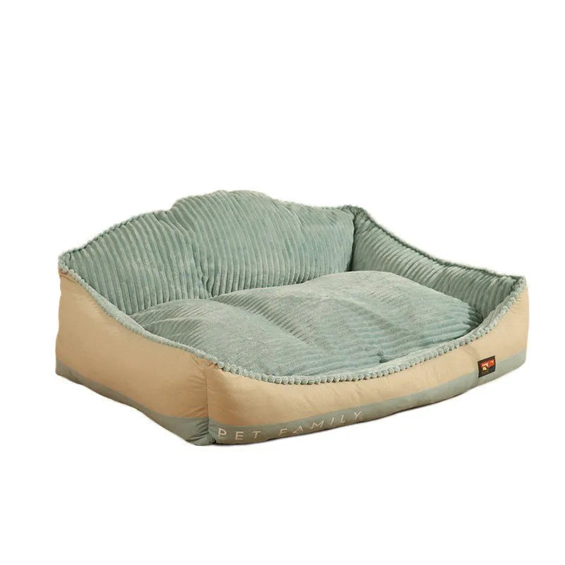 Morandi coloured removable sofa dog mat and cat bed shown in large and medium sizes.