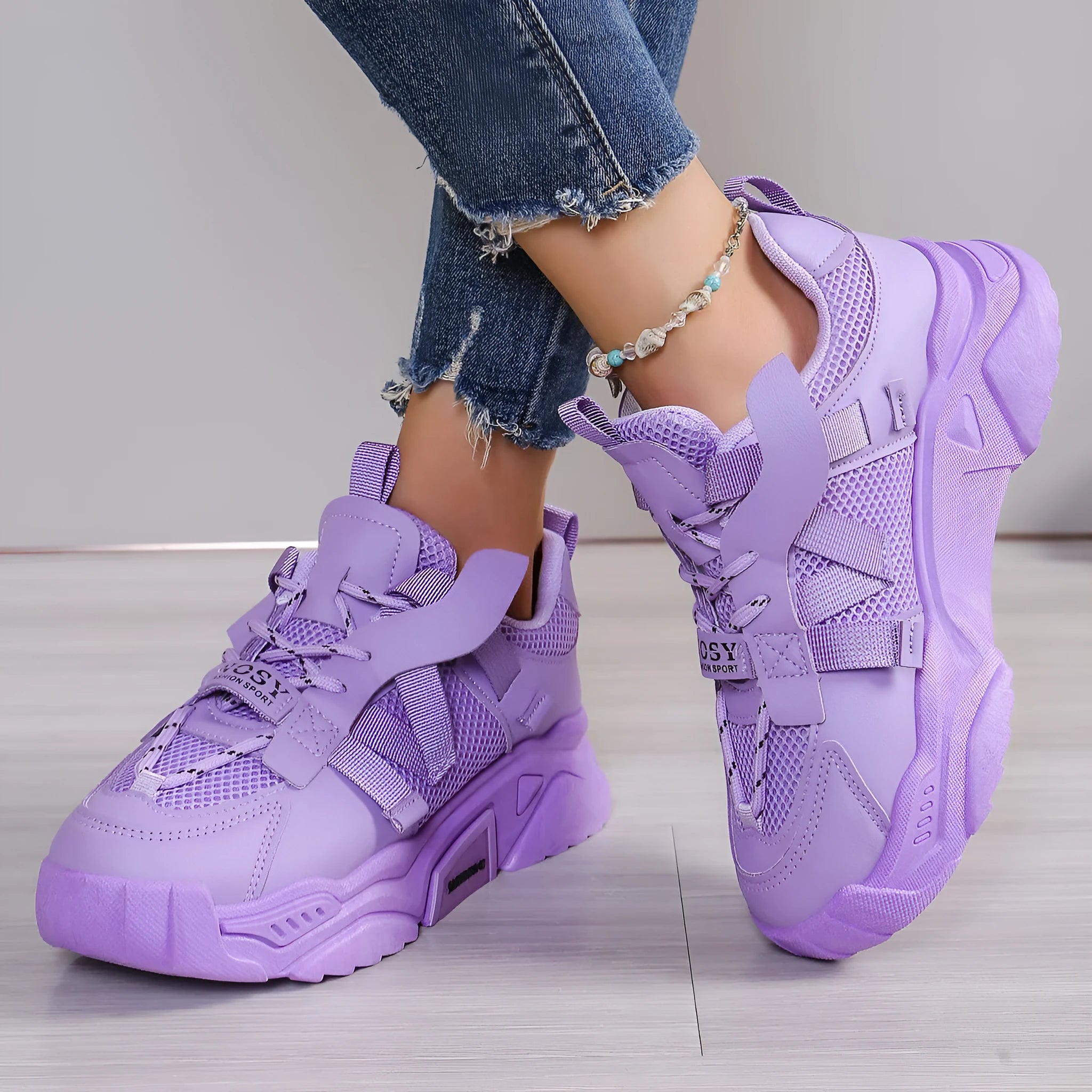 Women's animal pattern platform mesh sneakers in five colours with front lace-up closure