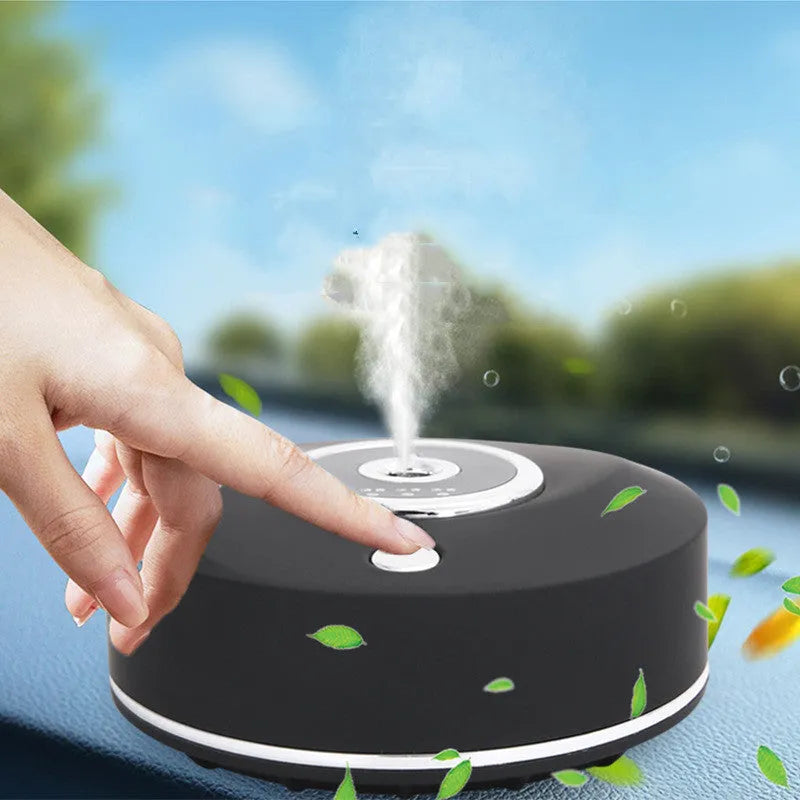 USB-powered intelligent car air freshener diffuser in black plastic housing with charging cable