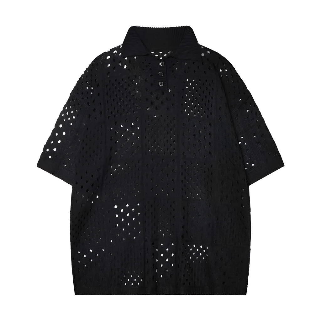 Solid colour short-sleeved knitting polo shirt in loose cardigan style for teenagers