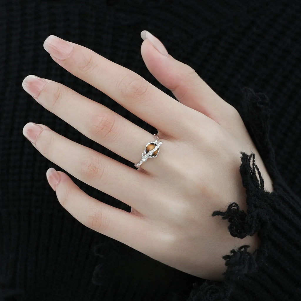 Silver Saturn tigereye open ring with adjustable opening, electroplated white gold colour finish
