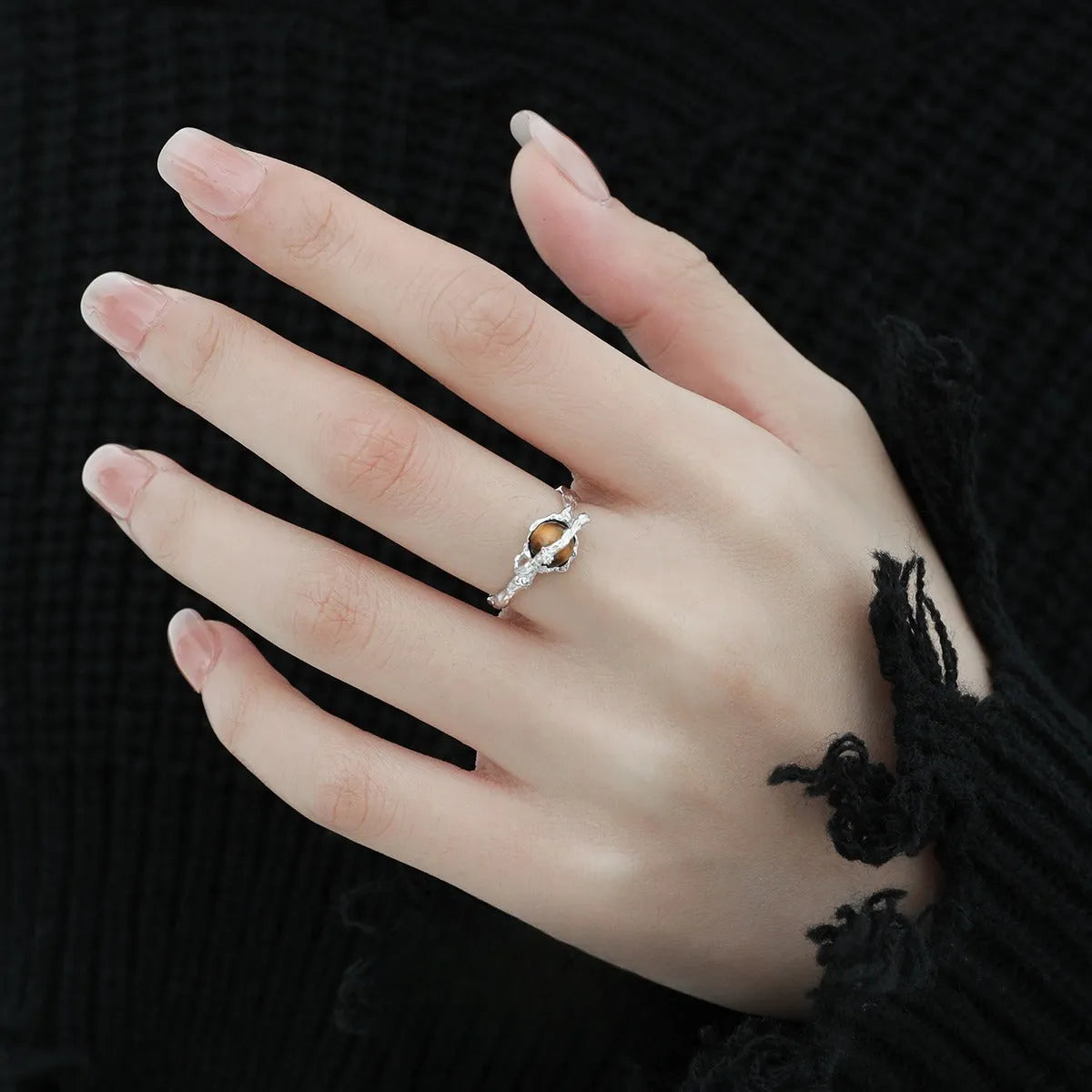 Silver Saturn tigereye open ring with adjustable opening, electroplated white gold colour finish