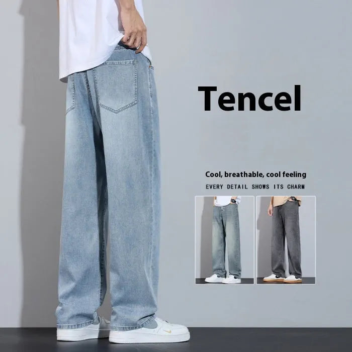 Straight-leg denim trousers in UK2560 blue with wide-leg silhouette and zip fly opening