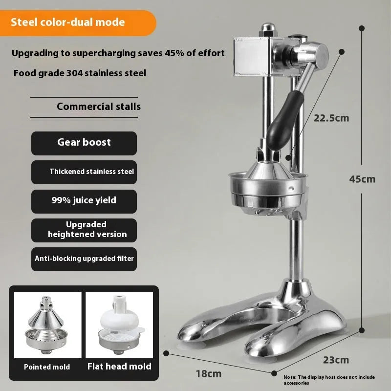 Vertical stainless steel manual juicer showing colour options and tip style variations