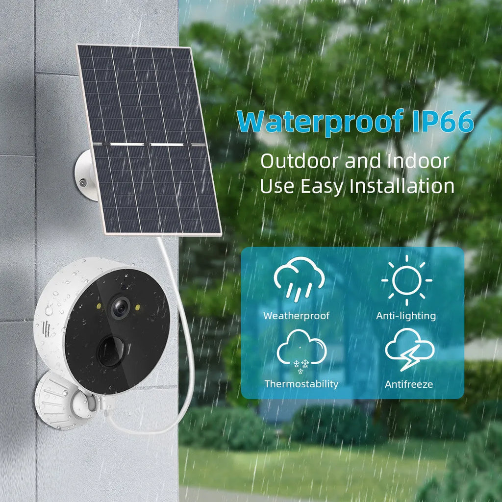 Solar-powered outdoor security camera with attached solar panel for wireless 1080p monitoring