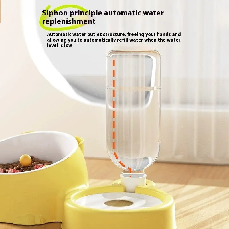 Automatic cat feeding basin with double bowl design and gravity water dispenser in choice of four colours