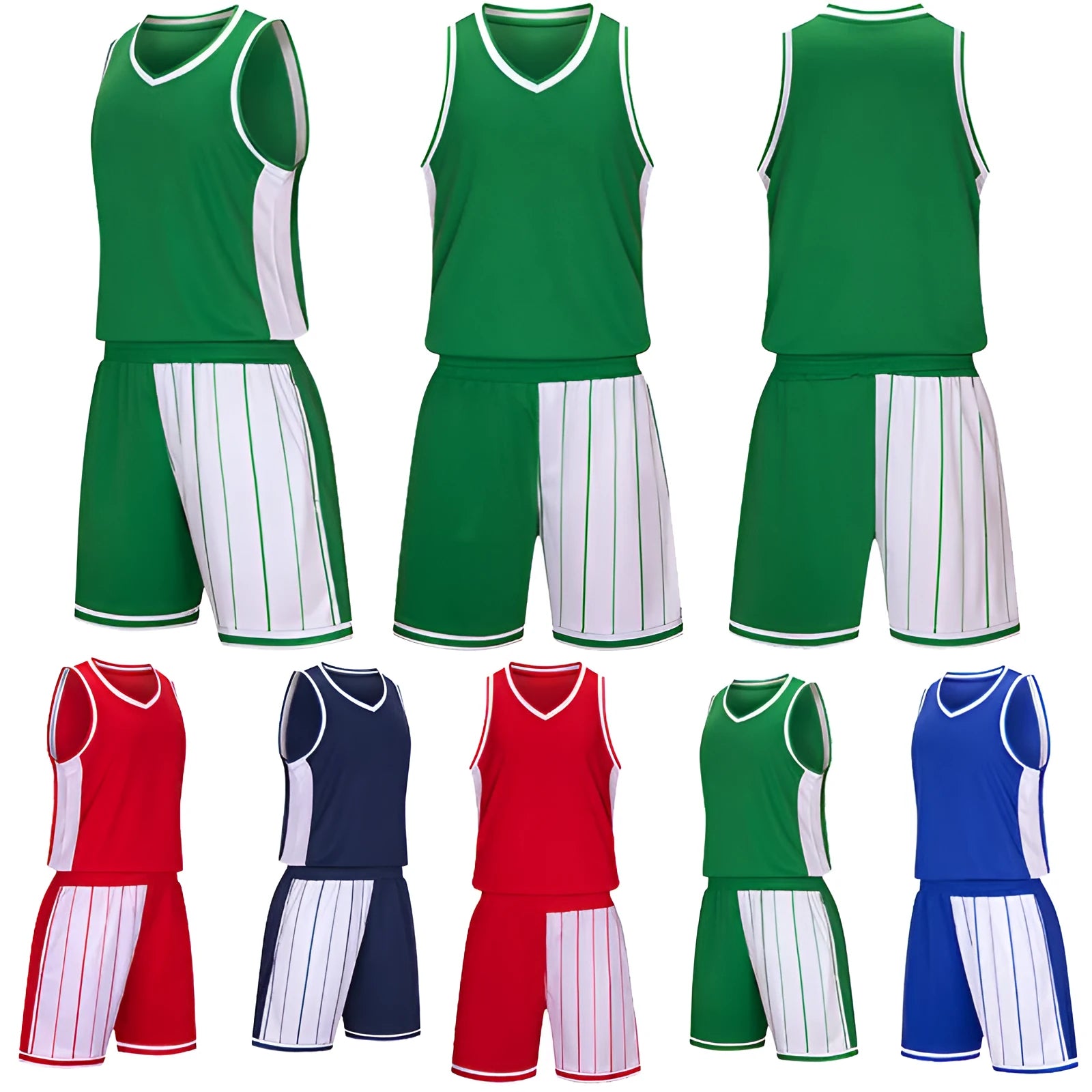 Men's basketball uniform set showing quick-dry top and shorts in blue, sizes M to 6XL.