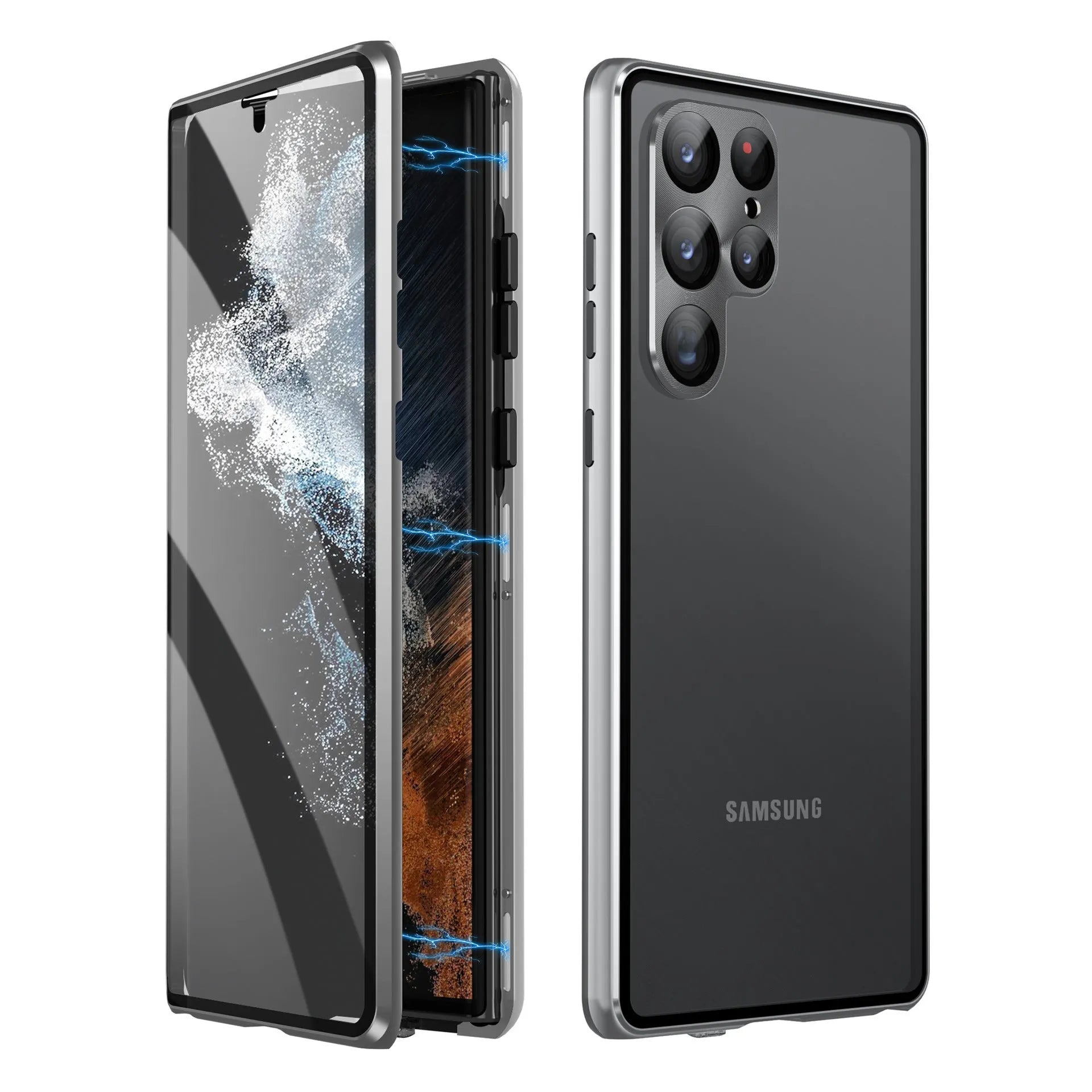 Metal magnetic phone case with peep-proof mirror for Samsung S24 Ultra in black colour.