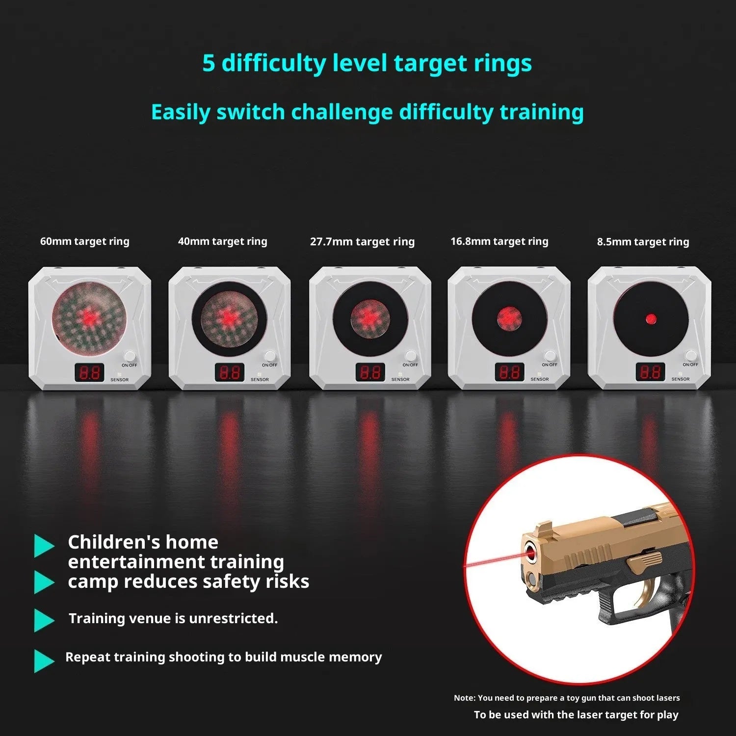 Laser target for dry fire training with infrared counting display, rechargeable, ABS construction, magnetic plate and four target rings