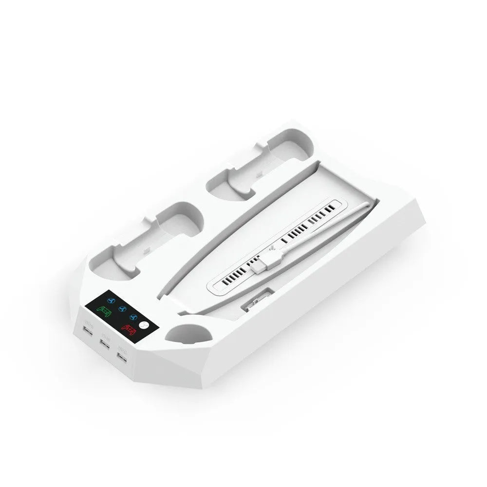 PS5 charging cooling station with dual controller docks and headphone hook in black or white