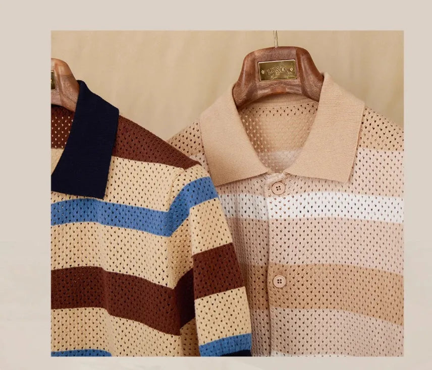 Retro casual hollow lapel short sleeve striped cotton top in White, front view