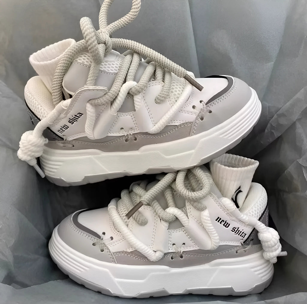 Women's grey thick sole retro sneakers with lace-up front and chunky 6-8cm heel