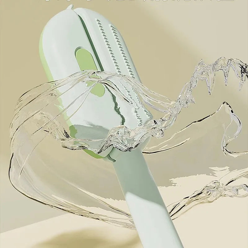 Blue pet grooming comb with a water tank for catching floating hair, shown alongside a soft cotton towel.