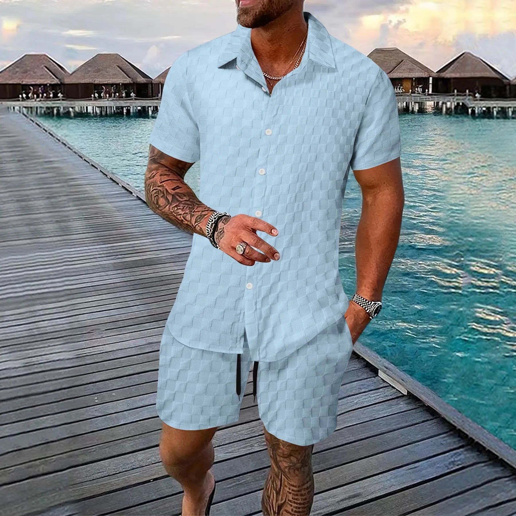 Men's chemical fibre shirt casual suit with short sleeve top and shorts in beige colour