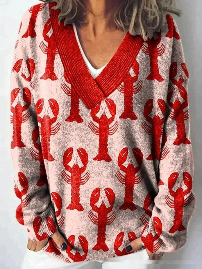 Women's V-neck floral pattern printed sweatshirt with 3D effect and long sleeves