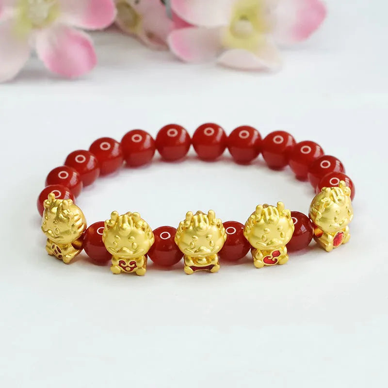 Red agate bracelet with Five Blessing Dragon design in Chinese style, 8mm beads