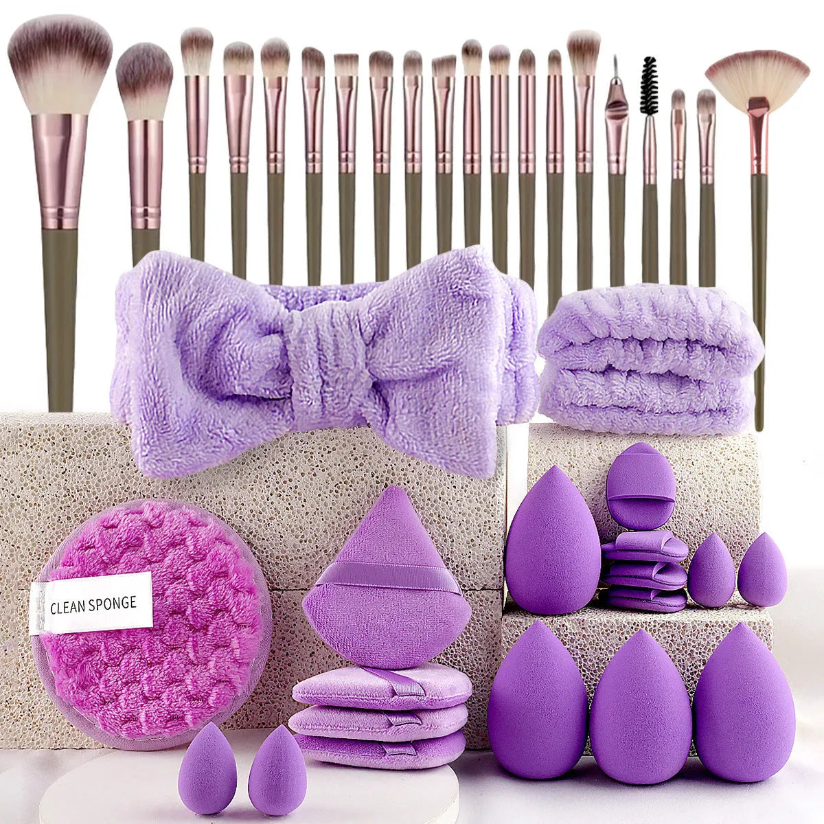 Professional makeup brush set with face wash tools in brown, pink, and purple colour options